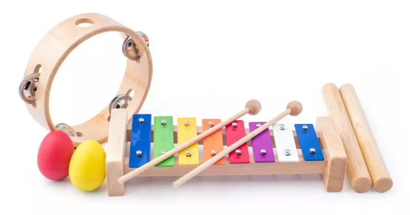 Woody Muzikální set (xylofon, tamburína, dřívka, 2 maracas vajíčka)