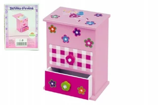 Skříňka šperkovnice růžová 2 zásuvky odklápěcí vrch police dřevo 12,2x8,16x8,7 cm