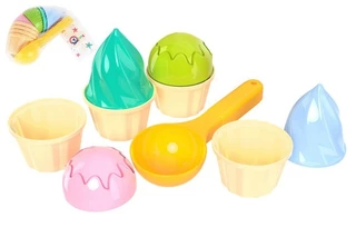 Sada na písek zmrzlina plast lopatka 15cm + bábovky 2 barvy v síťce 12 m+
