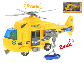 Helikoptéra 28cm na setrvačník na baterie se světlem a zvukem žlutá v krabičce