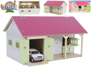 Kids globe Stáj pro koně dřevěná 34x21x19,5cm růžová 1:32 v krabičce