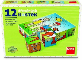 Kostky kubus Pejsek a kočička dřevo 12ks v krabičce 16x12x4cm