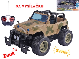 R/C auto vojenské terénní 26cm 27MHz plná funkce na baterie se světlem 2barvy v krabičce