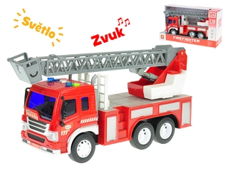 Auto hasičské se žebříkem 27cm 1:16 na setrvačník na baterie se světlem a zvukem v krabičce