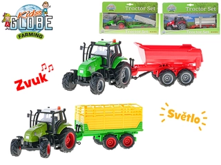 Kids Globe Farming traktor kov 25cm na setrvačník s vlečkou na baterie+světlo/zvuk 4druhy v krabičce