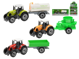 Traktor kov 19cm s přívěsem volný chod 3barvy v krabičce