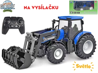 Kids Globe Farming R/C traktor modrý 27cm s nakladačem na baterie se světlem 2,4GHz v krabičce