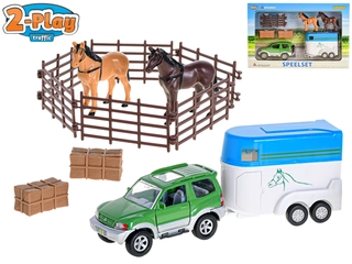 Mikro Trading 2-Play Traffic Mitsubishi 12cm kov na zpětný chod s přívěsem + 2 koně s doplňky v krabičce
