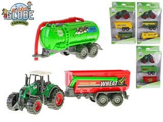 Kids Globe Farming traktor 9cm kov na volný chod s vlečkou a cisternou 2druhy 2barvy v krabičce