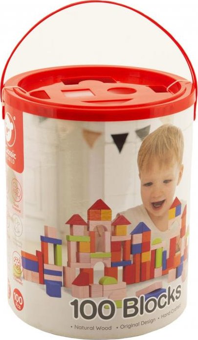 Kostky stavebnice dřevo 100ks + vkládačka v papírovém kbelíku 22x27x22cm 12m+