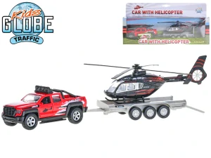Kids Globe Traffic auto terénní 13cm kov na zpětný chod s přívěsem + vrtulníkem 20cm v krabičce