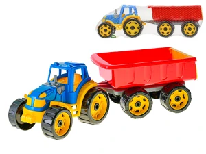 Mikro Trading Traktor se sklápěcím přívěsem 54cm modro/červený 24m+ v síťce