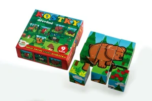Teddies Kostky kubus dřevěné Moje první zvířátka lesní dřevo 9x9x3cm 9ks v krab.11x11x6cm od 12 měsíců MPZ