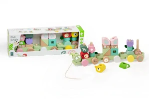 Teddies Vlak + 2 vagóny jungle dřevo tahací stavebnice 27 dílků v krabici 38x12x8cm 12m+