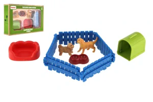Teddies Pejskové/Pes 2ks s plotem plast s doplňky v krabici 23x14,5x4,5cm