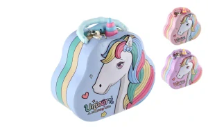 Teddies Pokladnička kabelka jednorožec plechová se zámkem 15x14cm 3 barvy v plastové krabičce