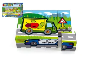 Teddies Kostky kubus dřevěné Moje první auta 12ks v krabičce 17x12,5x4cm MPZ