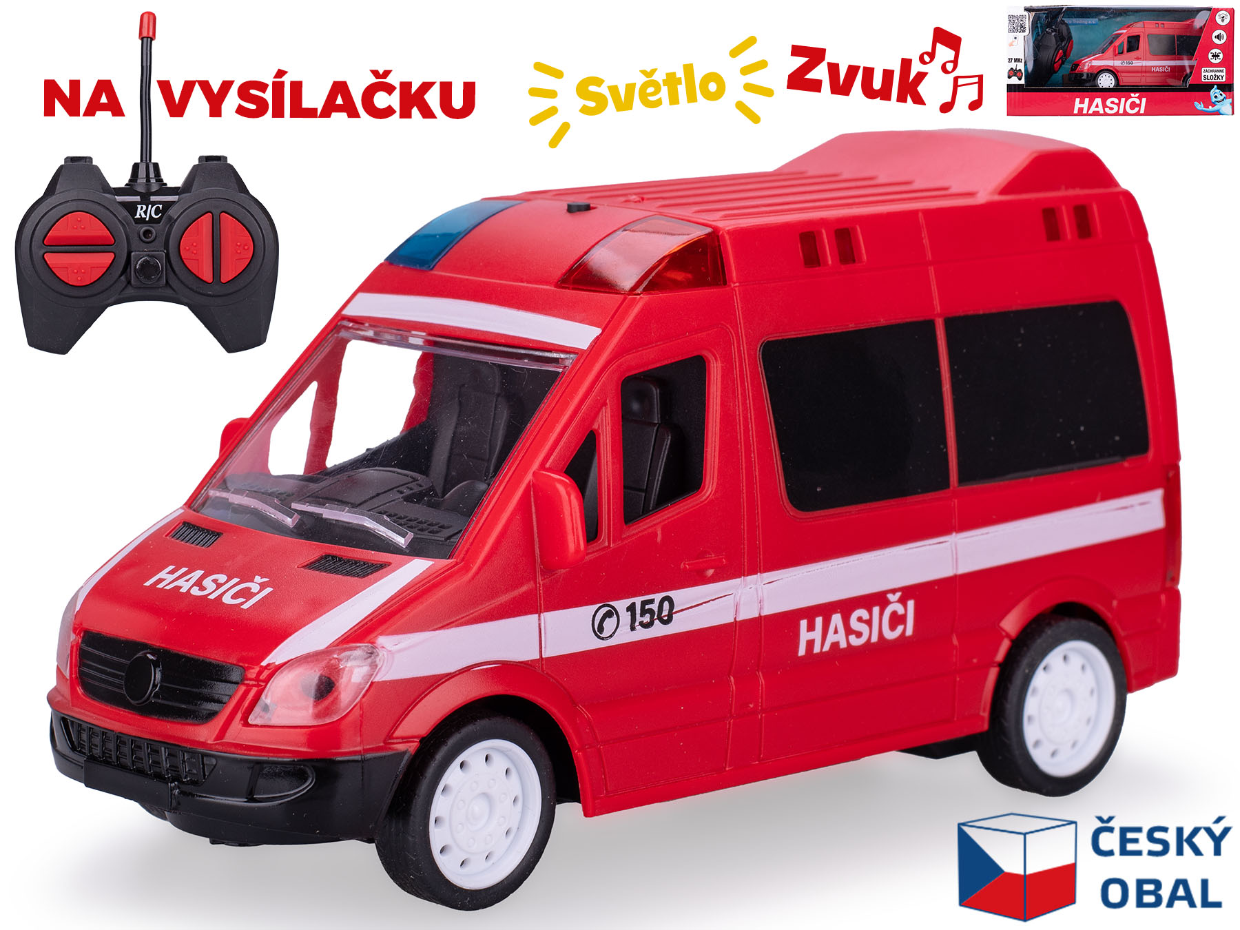 Mikro Trading R/C auto hasiči CZ 17cm 27MHz plná funkce na baterie se světlem a zvukem v krabičce