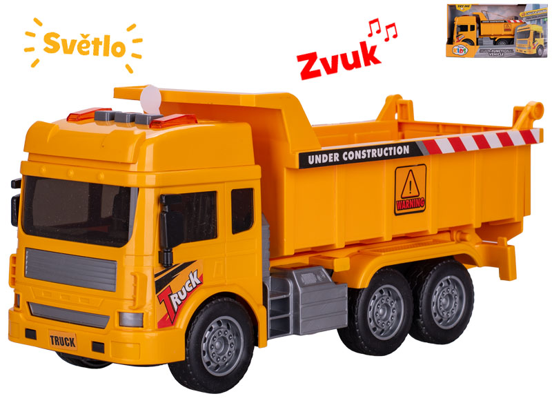 Mikro Trading Auto stavební sklápěčka 27cm na setrvačník na baterie se světlem a zvukem v krabičce