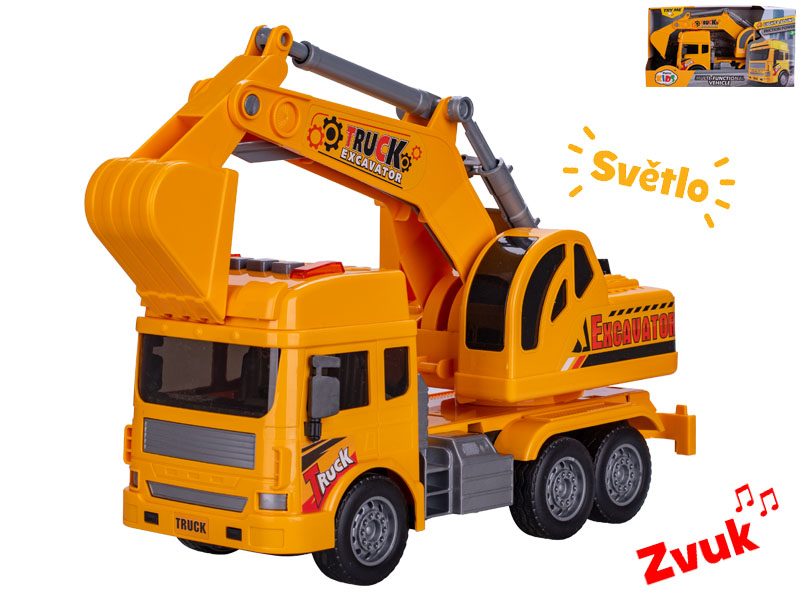 Mikro Trading Auto stavební rypadlo 27cm na setrvačník na baterie se světlem a zvukem v krabičce