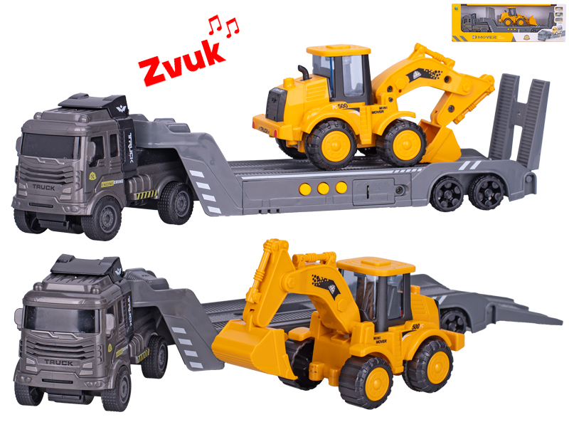 Mikro Trading Auto nákladní 30cm na setrvačník na baterie se zvukem + bagr 13cm na setrvačník 2druhy v krabičce