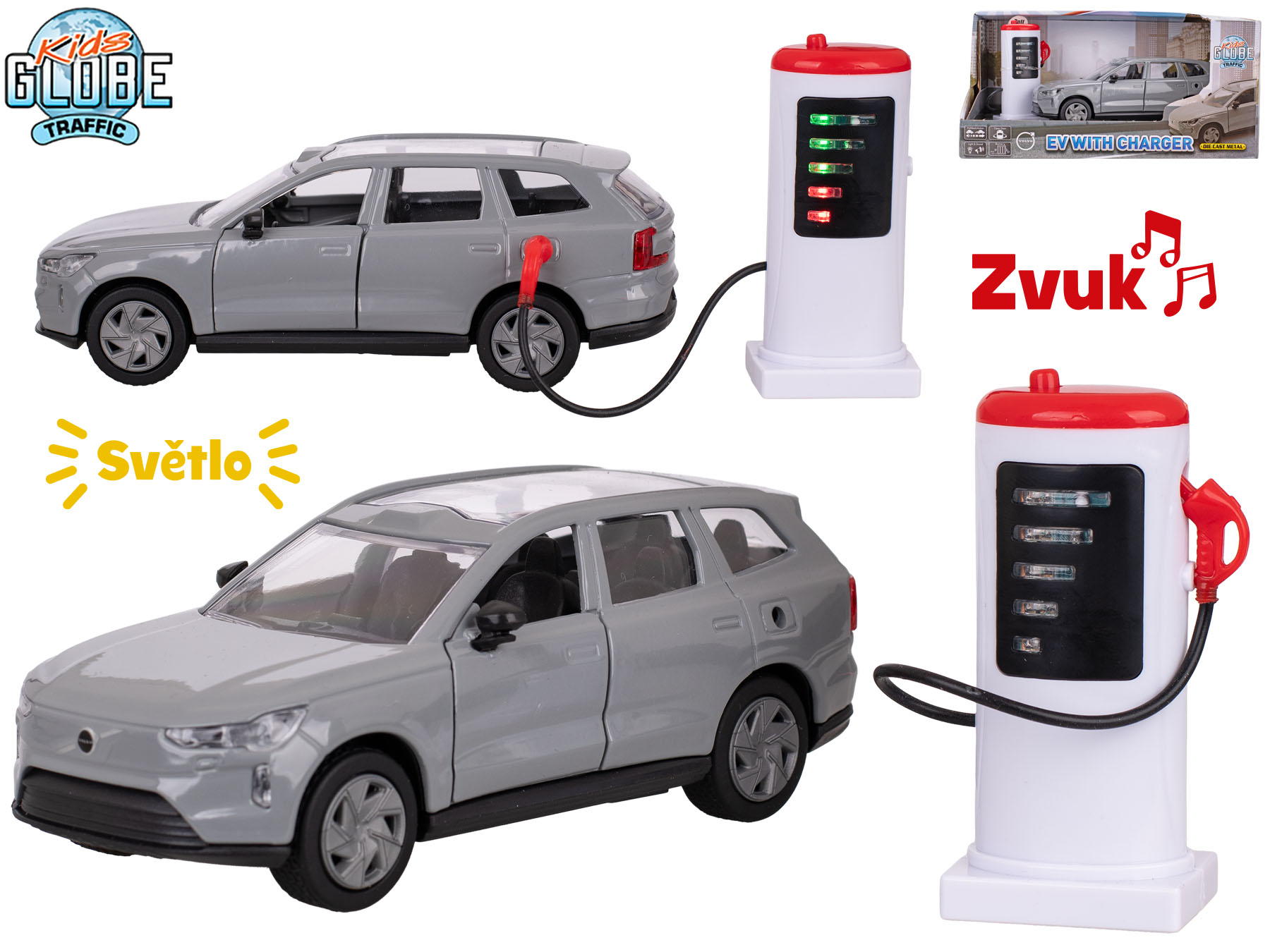 Kids Globe Traffic Volvo EX90 13,5cm kov zpětný chod+dobíjecí stanice na bat. světlo,zvuk v krabičce