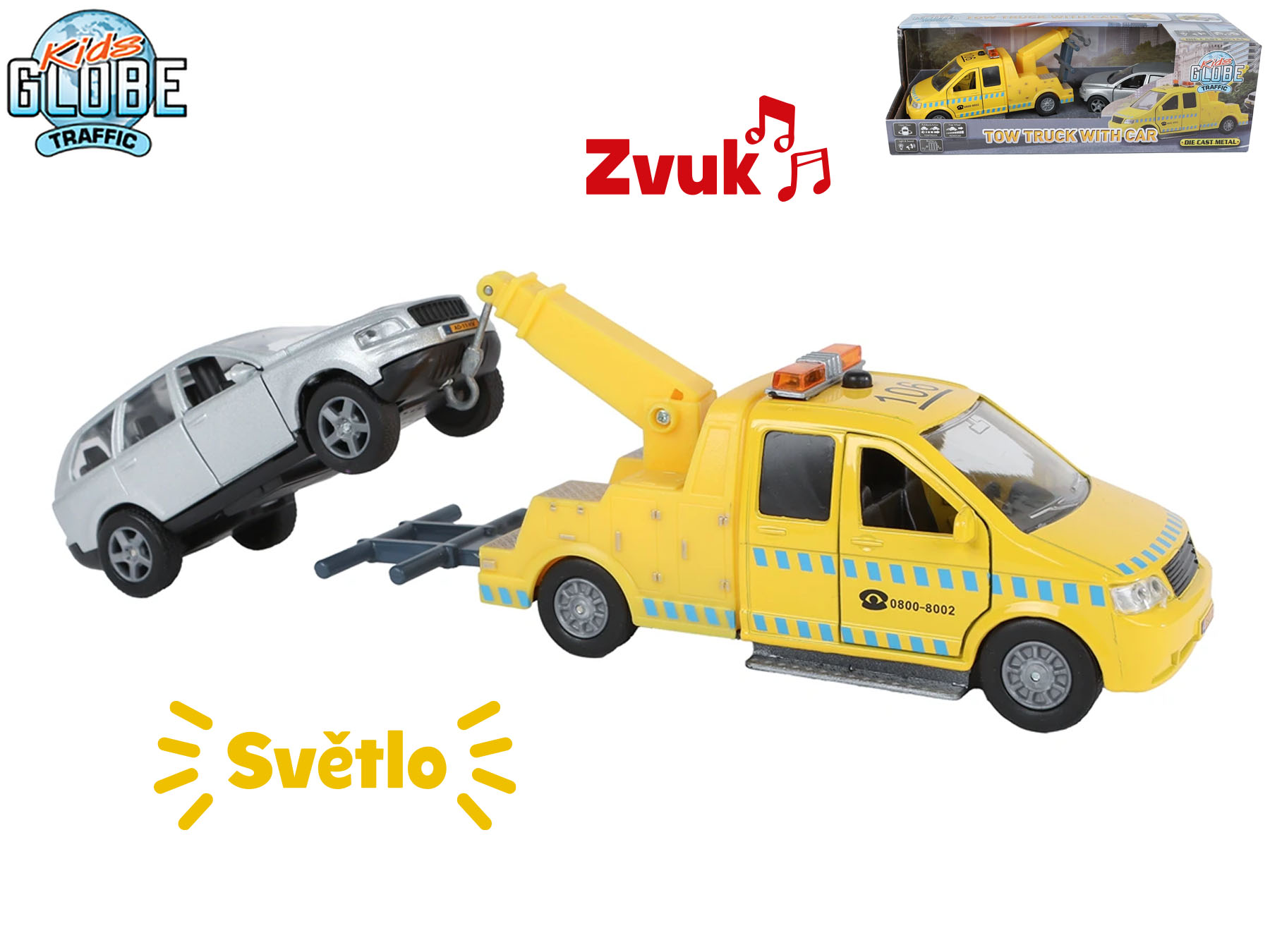 Kids Globe Traffic odtahovka 14cm kov zpětný chod na baterie světlo+zvuk s autem 11,5cm v krabičce