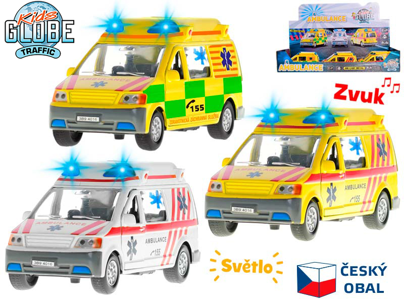 Kids Globe Traffic ambulance CZ 14cm kov zpětný chod na baterie světlo a zvuk