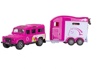 Kids Globe Horses Land Rover růžový kov s přívěsem pro koně 28cm zpětný chod v krabičce