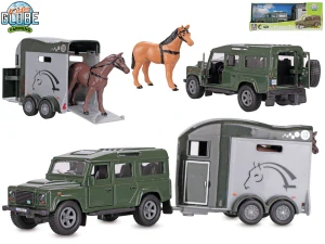 Kids Globe Farming Land Rover kov s přívěsem pro koně 26cm zpětný chod v krabičce