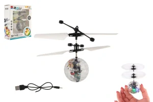 Teddies Vrtulníková koule létající plast 13x11cm svítící reagující na pohyb ruky,USB kabelem průhled v krabici