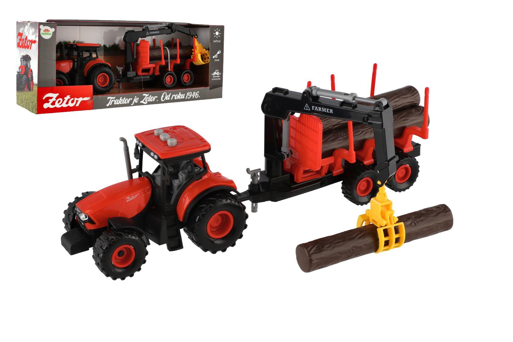 Teddies Traktor Zetor s vlekem s naklád. ramenem plast 36cm na setrvačník na bat. se světlem a zvukem v krab.