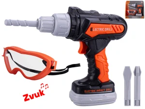 Mikro Trading Vrtačka příklepová 20cm na baterie se zvukem + brýle 14,5cm a 2 vrtáky v krabičce