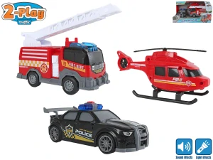 2-Play Traffic záchranářská vozidla 15cm volný chod na baterie se světlem a zvukem 3ks v krabičce