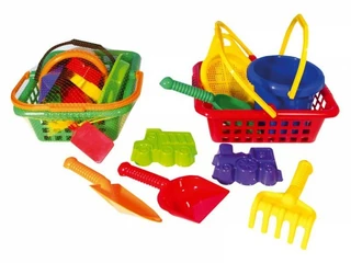 Lori Košík sada - 2 bábovky rýč lopatka hrabičky sítko kbelík nákupní košík