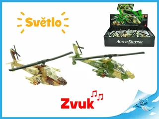 Mikro Helikoptéra vojenská 20 cm kov zpětný chod na baterie se světlem a zvukem