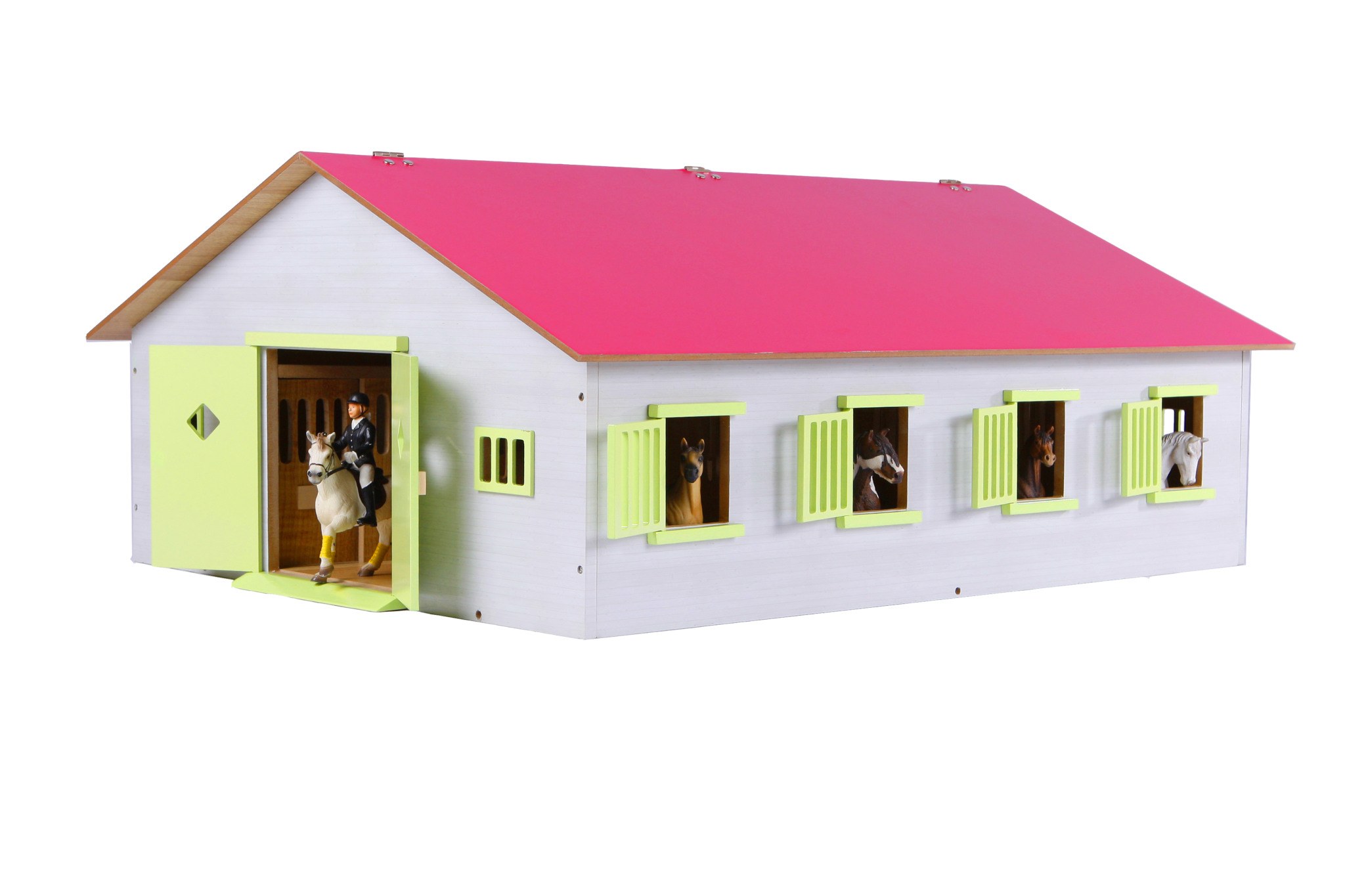 Kids Globe 610189 stáj pro koně dřevěná 1:24 růžová velká 72,5 x 38 x 60 cm