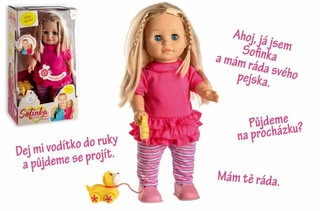 Panenka Sofinka s pejskem chodící a mluvící plast 42cm na baterie se zvukem v krabici 26x44x13 cm