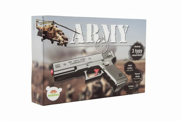 Teddies Pistole na kuličky 20cm plast + 3 druhy nábojů v krabičce 23x15x4 cm