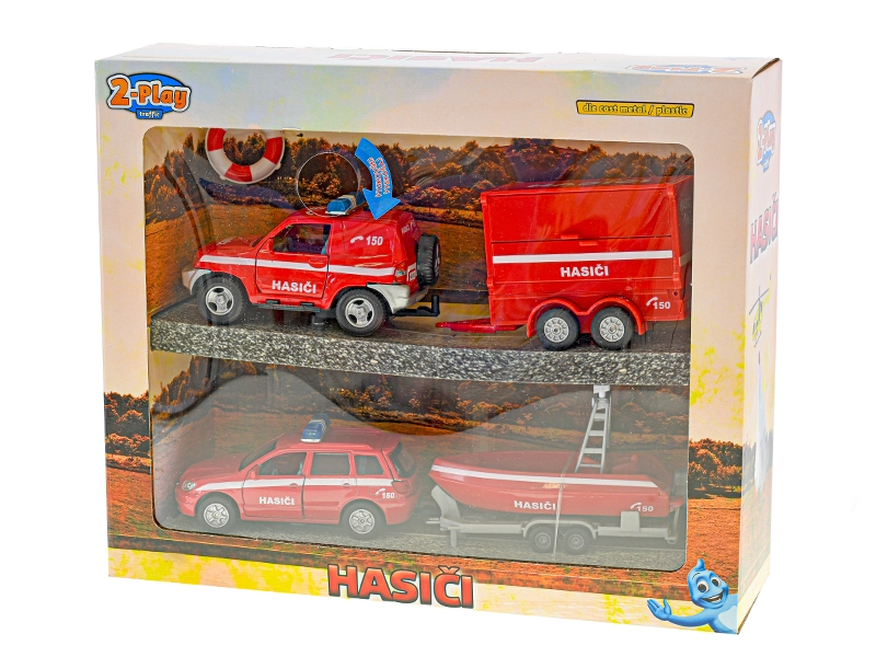 Hasičská auta CZ 13 cm kov s přívěsem a vozíkem 2-Play na baterie se světlem a zvukem v krabičce