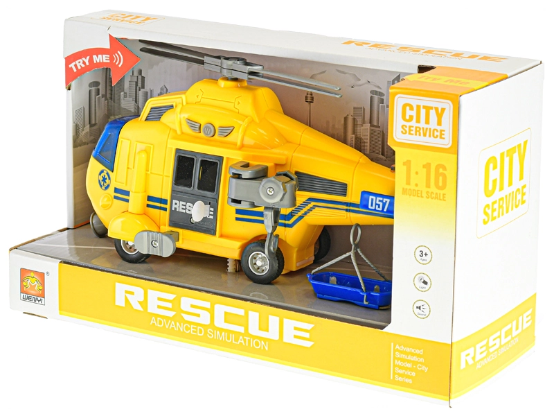 Helikoptéra 28cm na setrvačník na baterie se světlem a zvukem žlutá v krabičce