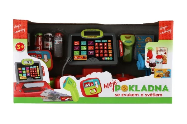 Teddies pokladna velká digitální plast na baterie se zvukem se světlem v krabici 48x25x18cm