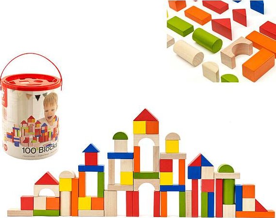 Kostky stavebnice dřevo 100ks + vkládačka v papírovém kbelíku 22x27x22cm 12m+