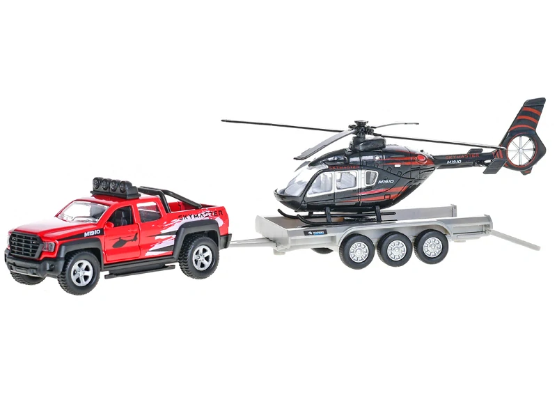 Kids Globe Traffic auto terénní 13cm kov na zpětný chod s přívěsem + vrtulníkem 20cm v krabičce