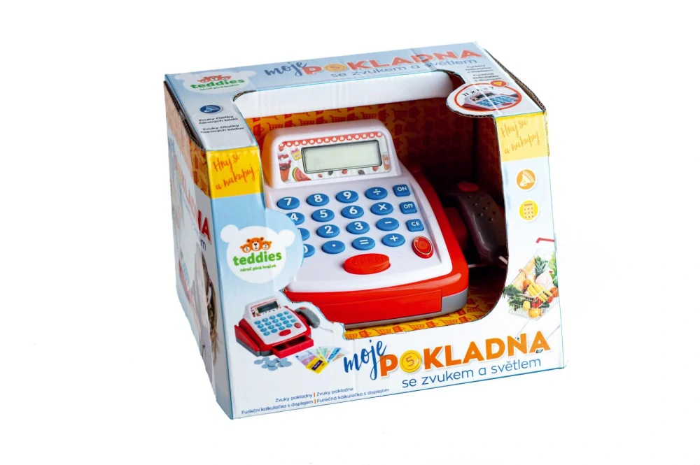 Teddies Pokladna malá digitální plast 18cm s doplňky na baterie se zvukem se světlem v krabici 22x15x18cm