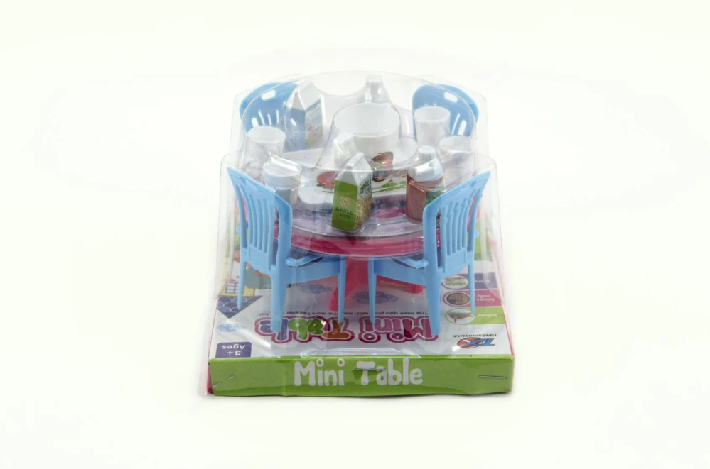 Teddies Nábytek pro panenky/stůl a židle s doplňky plast 12cm 3 barvy v blistru