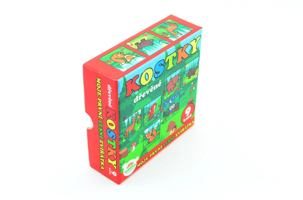 Teddies Kostky kubus dřevěné Moje první zvířátka lesní dřevo 9x9x3cm 9ks v krab.11x11x6cm od 12 měsíců MPZ