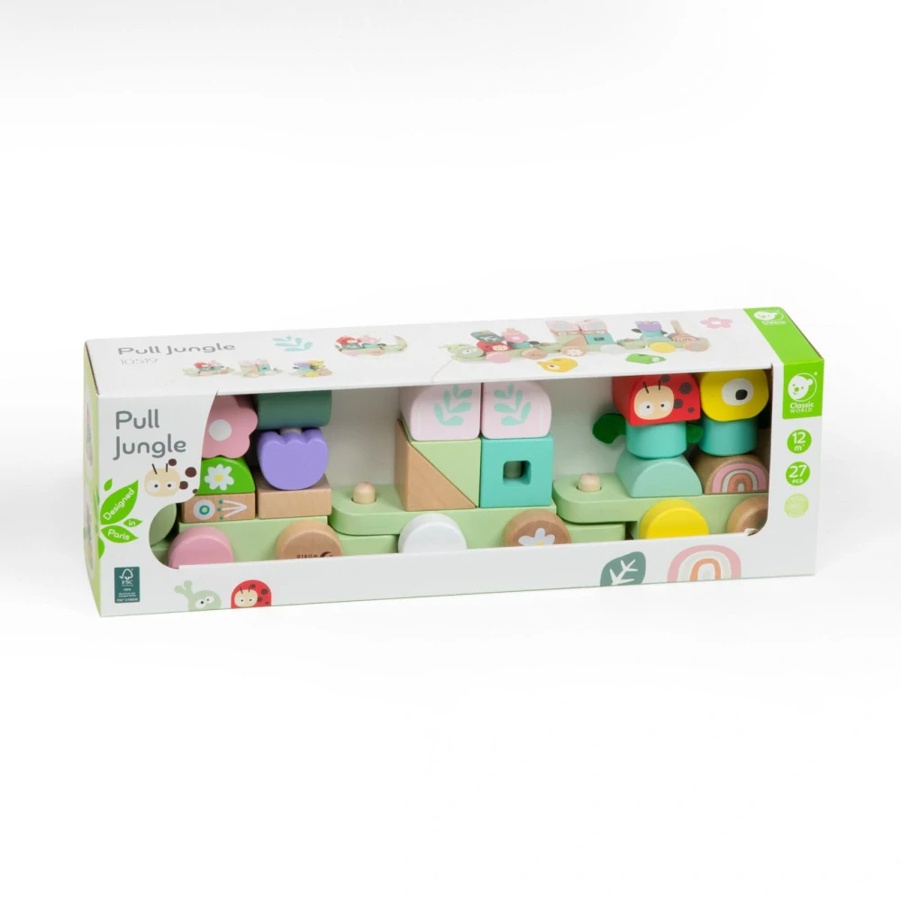Teddies Vlak + 2 vagóny jungle dřevo tahací stavebnice 27 dílků v krabici 38x12x8cm 12m+