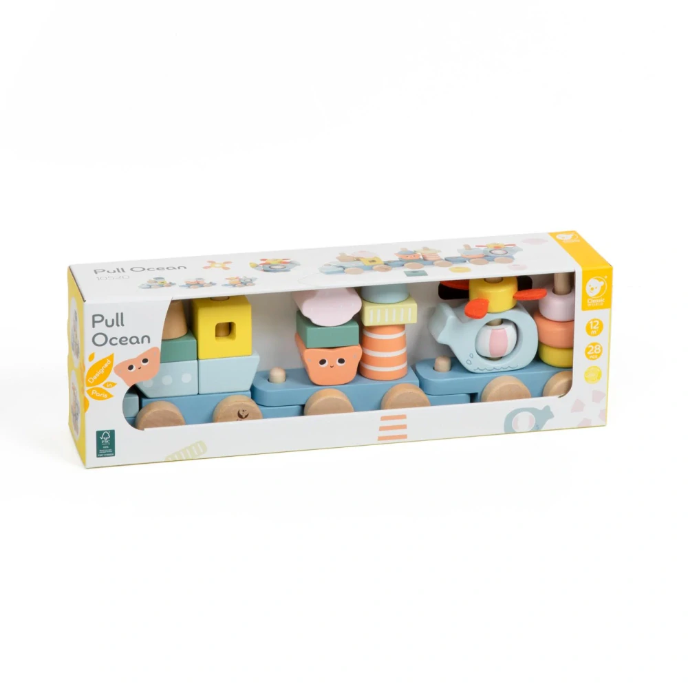 Teddies Vlak + 2 vagóny oceán dřevo tahací stavebnice 28 dílků v krabici 38x12x8cm 12m+