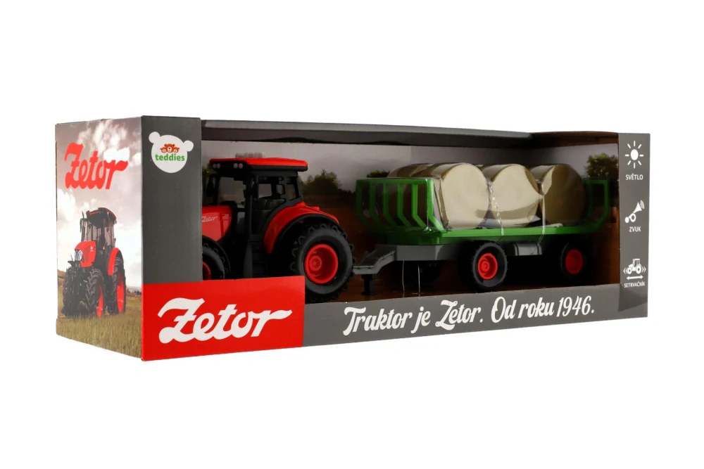 Teddies Traktor Zetor s vlekem a balíky plast 36cm na setrvačník na bat. se světlem se zvukem v krab. 39x13